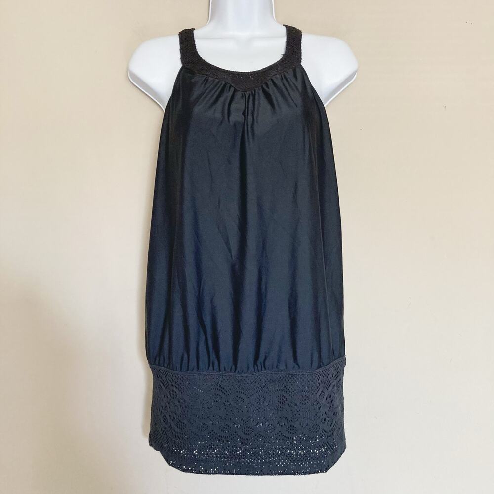 PrAna Ani Swim Top Medium Black Long Tank Shelf Bra High Neck Racerback Crochet